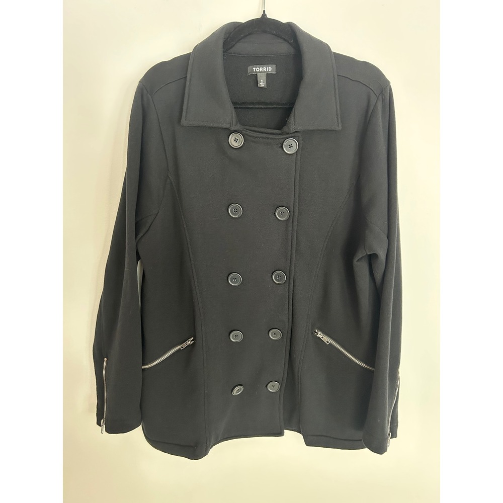 Torrid Womens Black Double Breasted Pea Coat Knit Jacket Size 2 Zipper Cuffs
